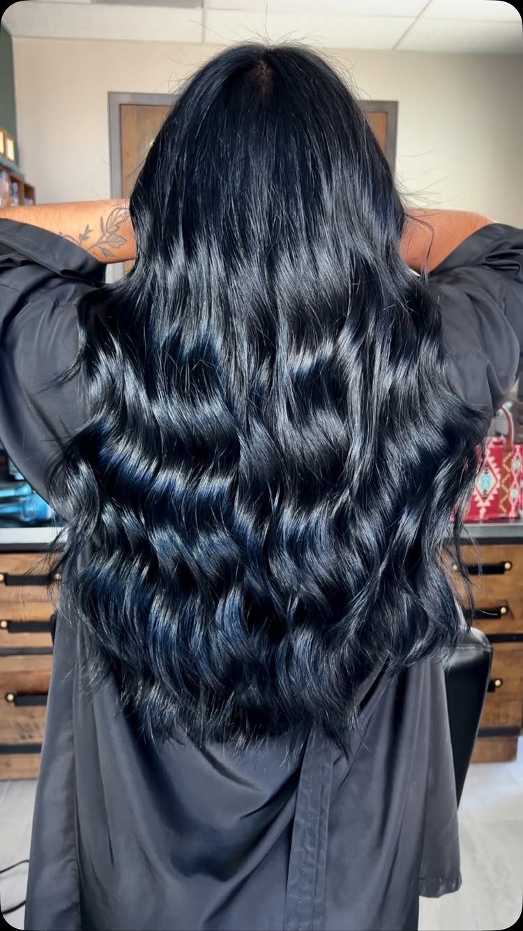 3 Color Hair Ideas: 15 Looks from Burnt Orange to Emerald 5 Long wavy blue-black hair shown from the back of a person.