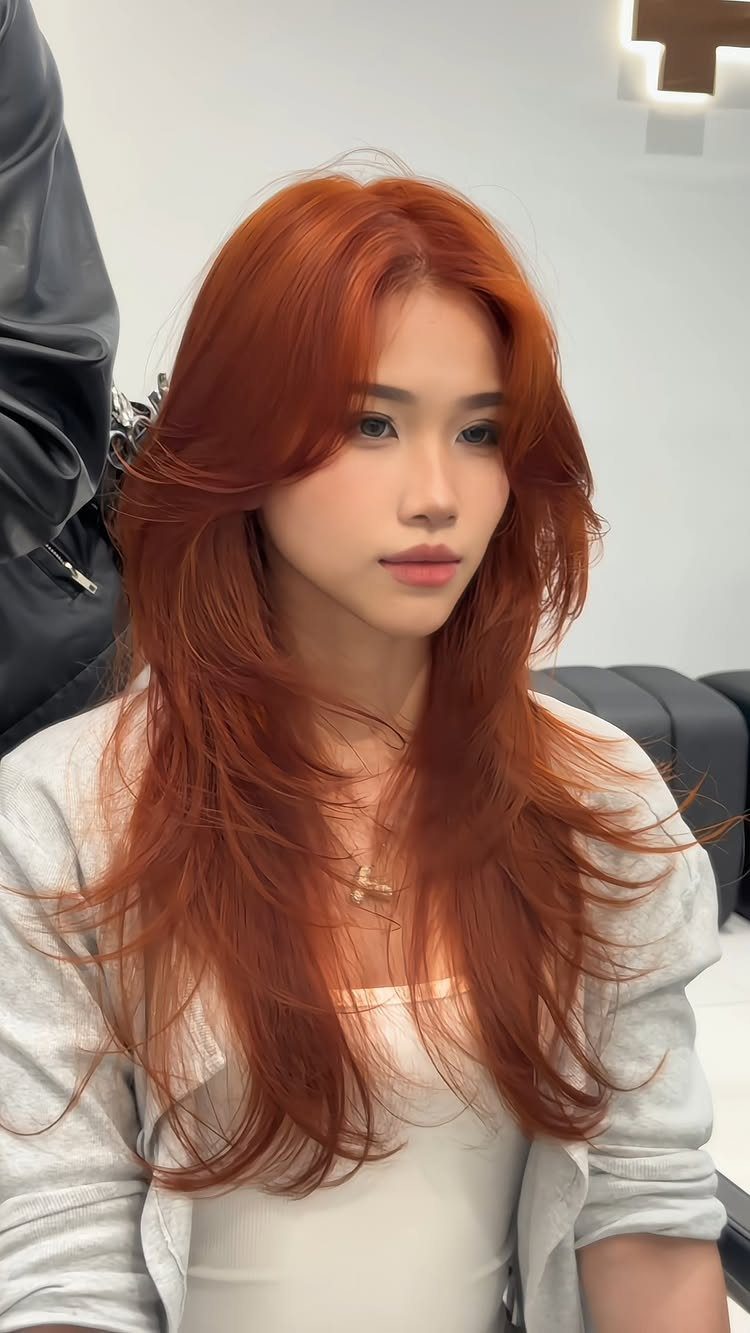 3 Color Hair Ideas: 15 Looks from Burnt Orange to Emerald 13 Woman with long layered burnt orange hair and bangs wearing a grey cardigan.