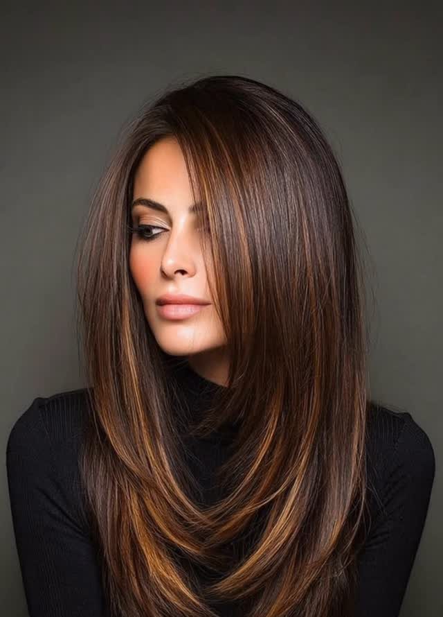 3 Color Hair Ideas: 15 Looks from Burnt Orange to Emerald 11 Woman with long layered brown hair featuring caramel highlights and dark lowlights.