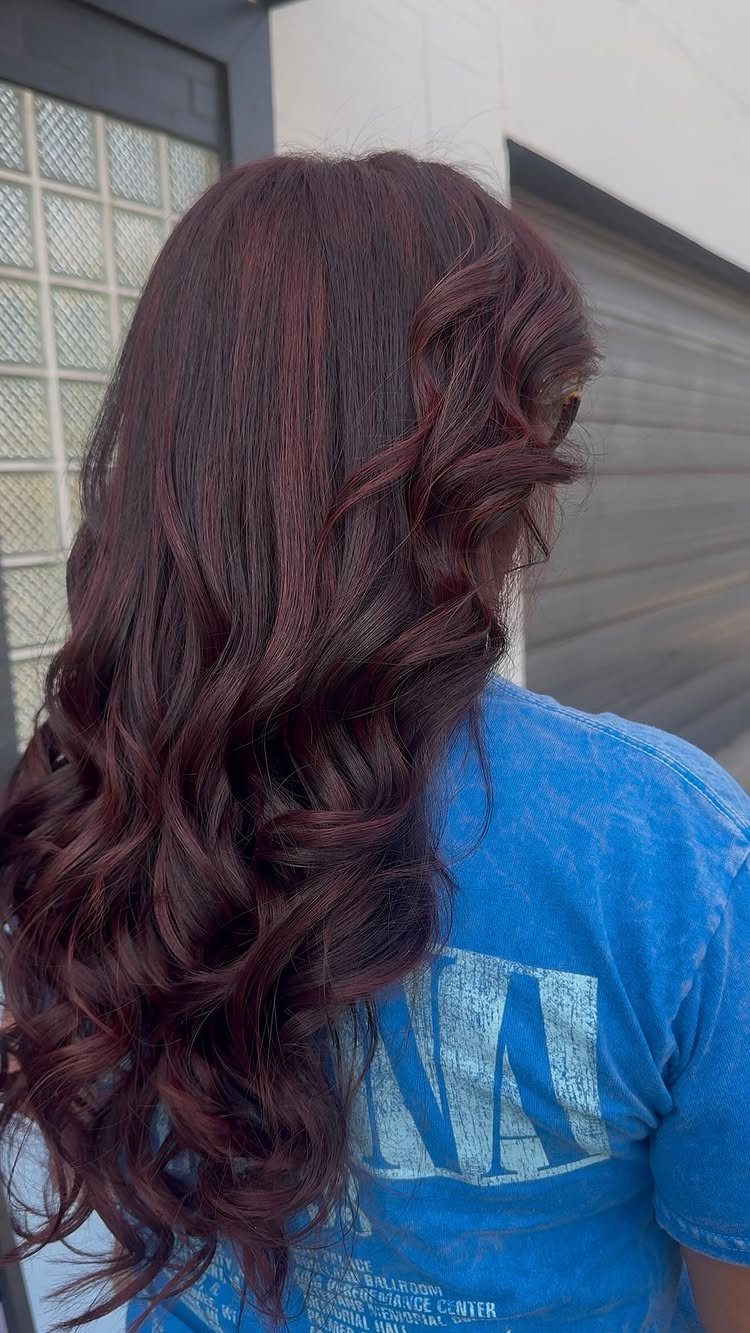 3 Color Hair Ideas: 15 Looks from Burnt Orange to Emerald 2 Long wavy hair in a deep chocolate cherry blend of violet and brown.