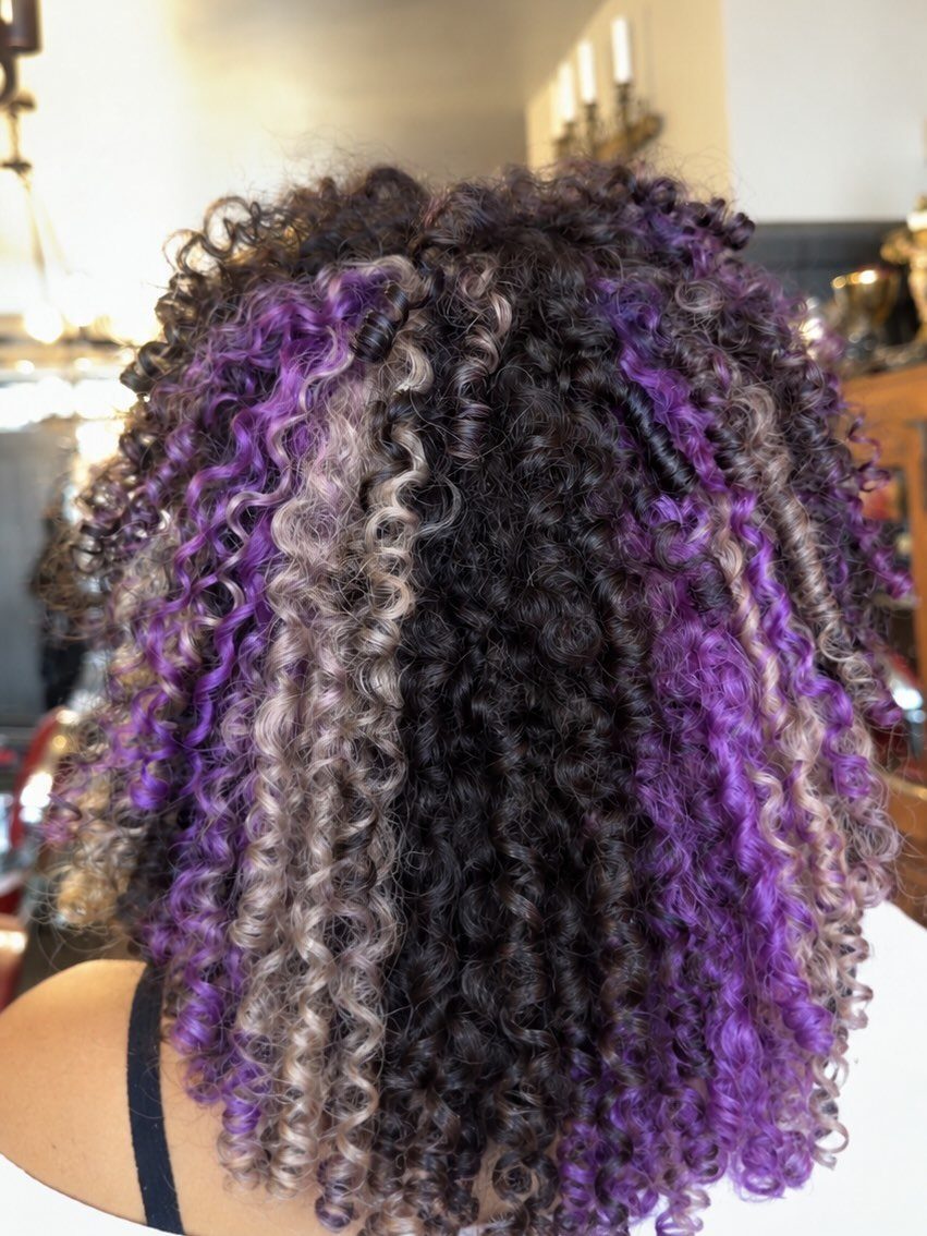 3 Color Hair Ideas: 15 Looks from Burnt Orange to Emerald 12 Curly layered bob with dark brown hair and purple and silver highlights.