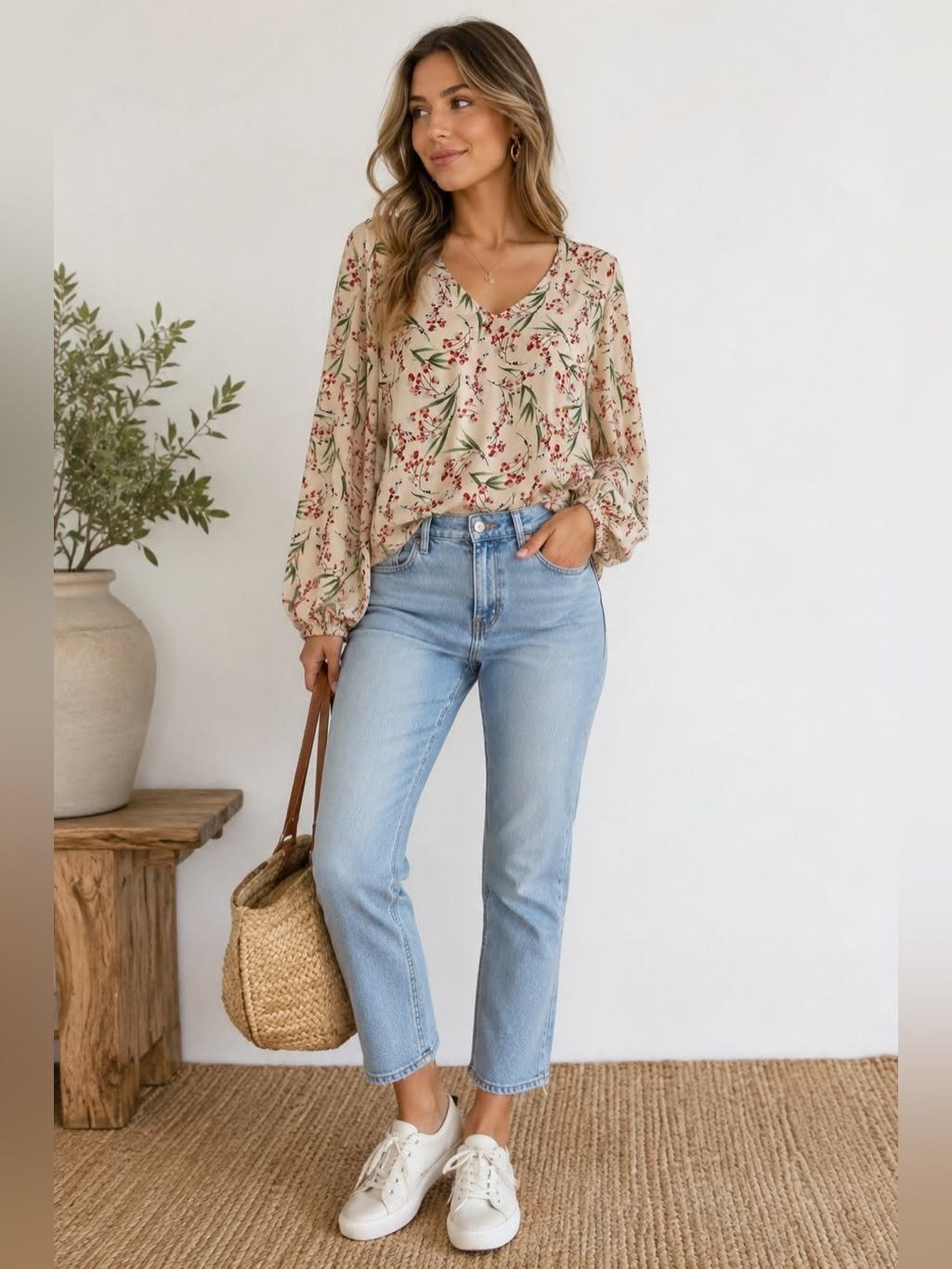 Woman wearing a soft floral blouse, light blue jeans, and white sneakers.