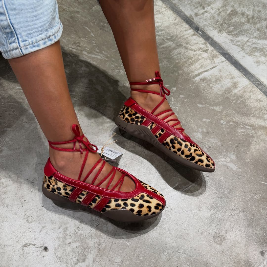 Adidas Taekwondo Ballerina Looks and Styles: 5 Ideas 4 Red and leopard print ballet sneakers with ankle ribbons on a concrete floor
