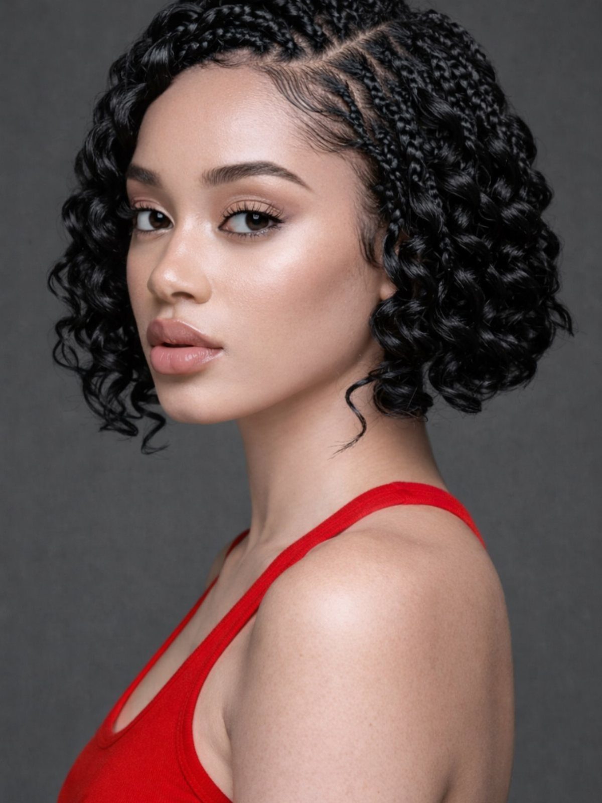 20 African Hair Styles Braids 10 Woman with black braided bob hairstyle featuring curly ends and red tank top.