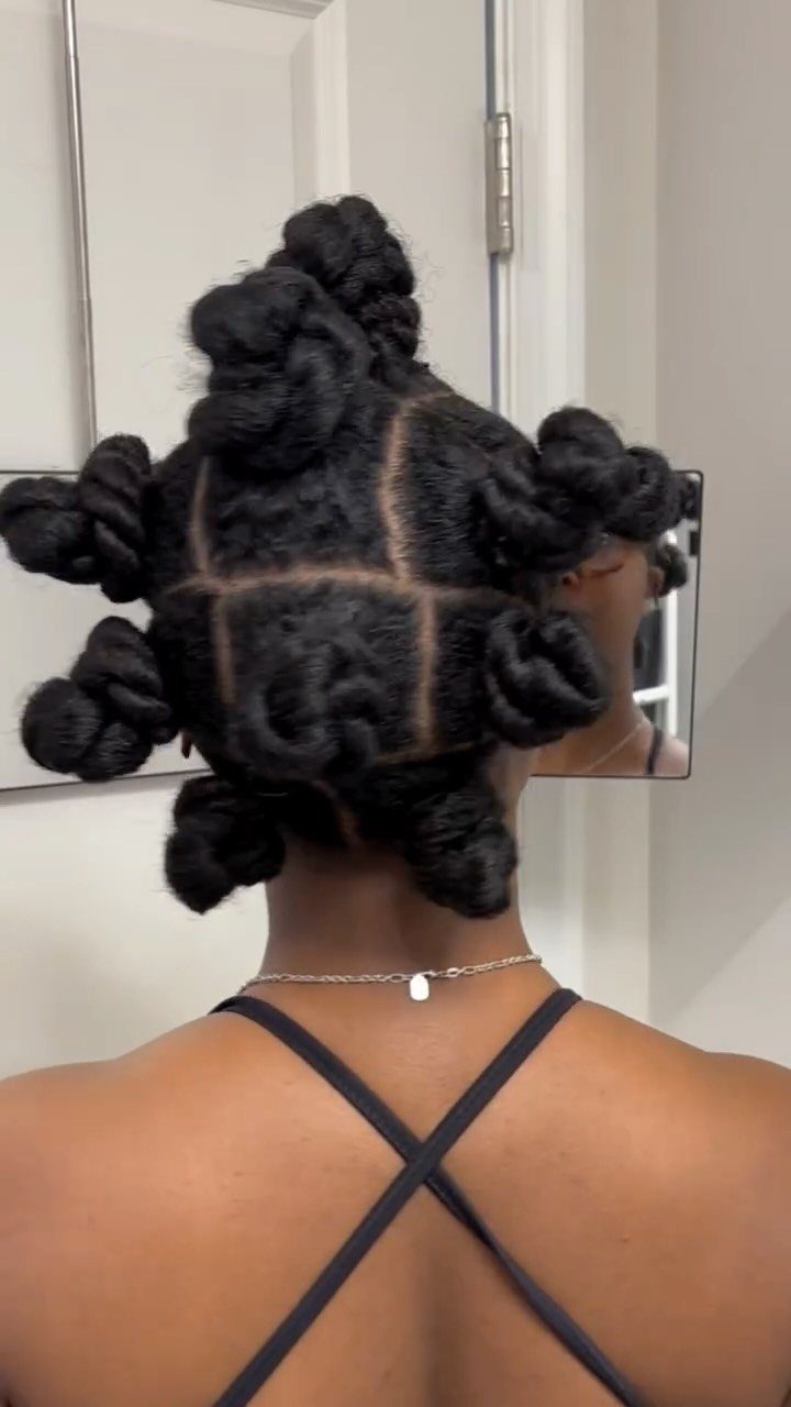 Afro Hair 4c Style Ideas: 19 Looks From Cornrows to Locs 11 Black hair styled into multiple small Bantu knots seen from the back.