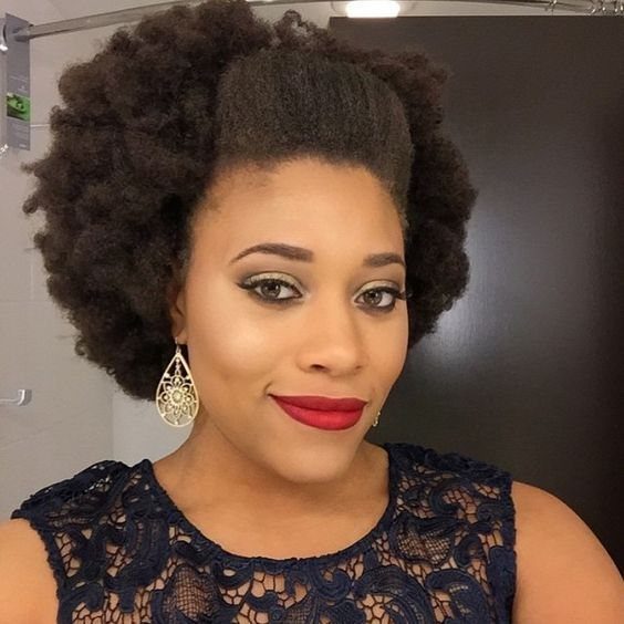 Afro Hair 4c Style Ideas: 19 Looks From Cornrows to Locs 13 Woman with a pompadour style afro, red lipstick, and navy lace dress.