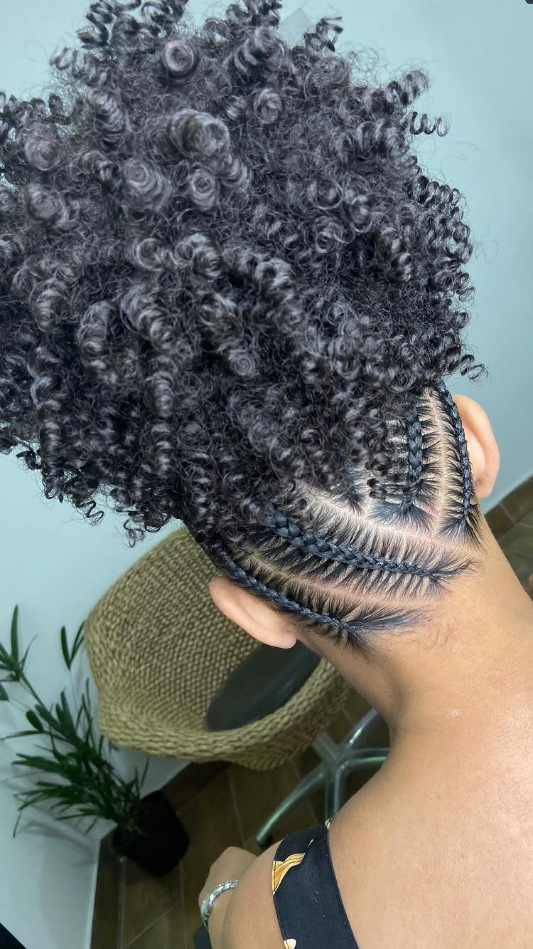 Afro Hair 4c Style Ideas: 19 Looks From Cornrows to Locs 2 High curly hair puff with neat cornrow braids on the side of head
