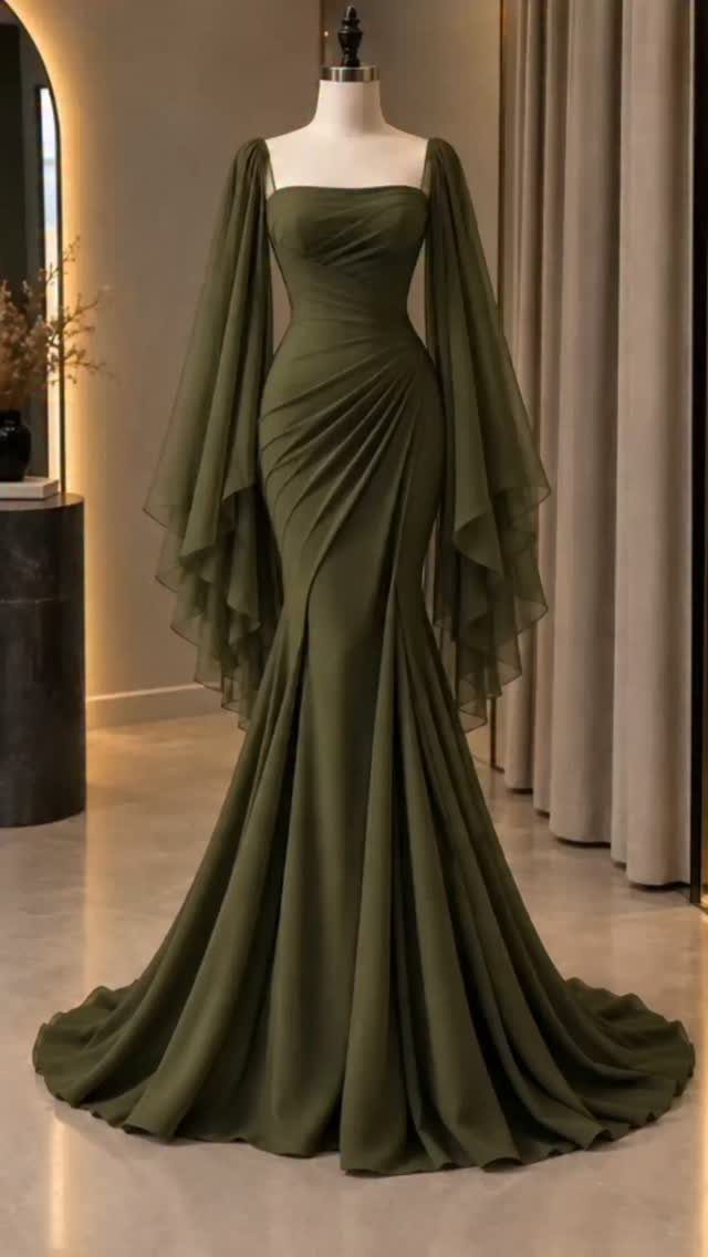 Olive green floor-length gown with cape sleeves displayed on a white mannequin.
