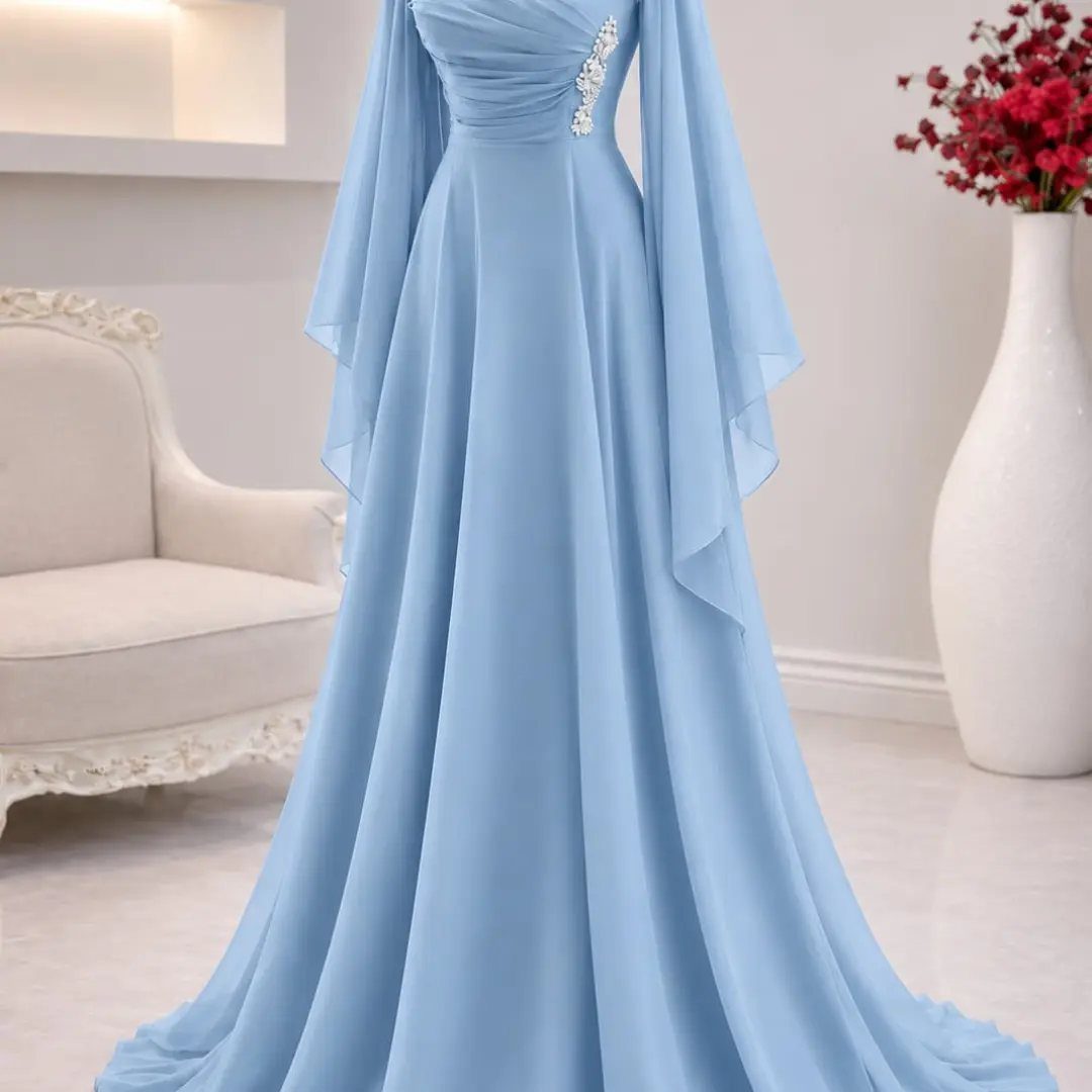Light blue chiffon gown with flowing sleeves and sparkling bodice embellishments.
