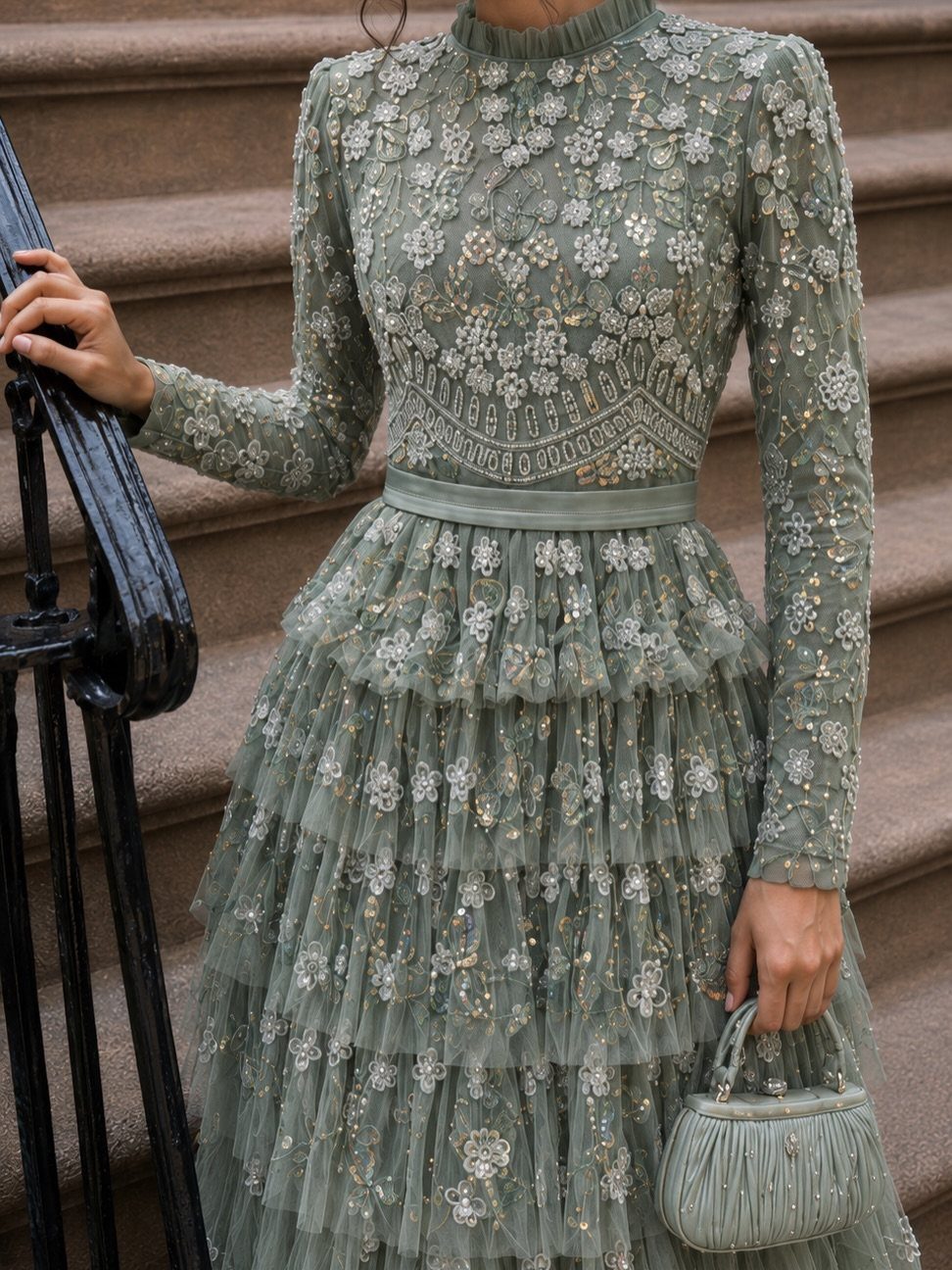 Sage green beaded gown with a tiered skirt and long sleeves on stairs