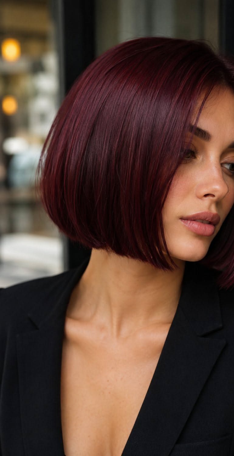5 Black Cherry Hair Ideas for Deep, Glossy Color 3 Woman with deep burgundy-red hair in a sleek, chin-length straight bob cut.