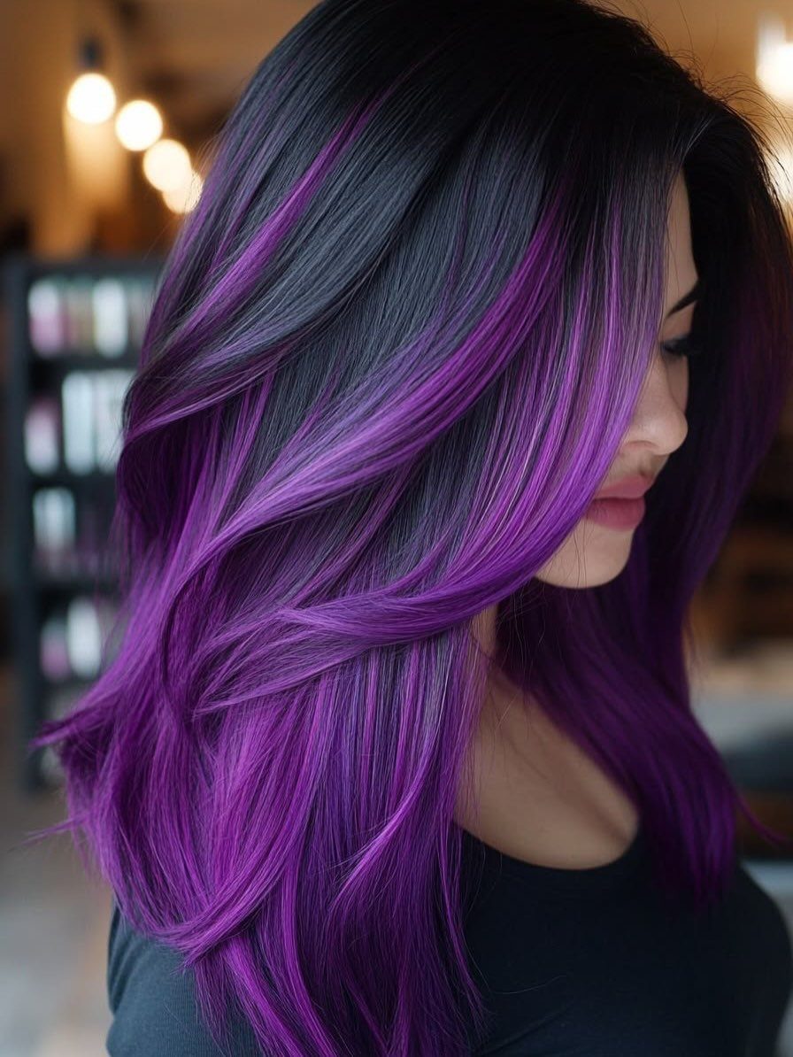 Woman with long black hair featuring bold purple streaks and color blocking.
