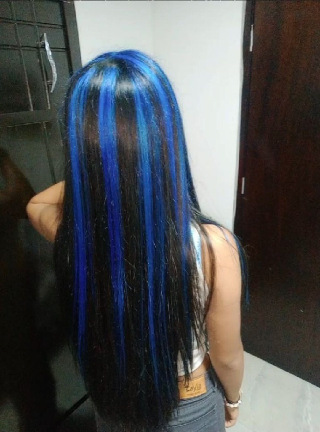 Long straight black hair with thick vertical bright blue highlights from behind