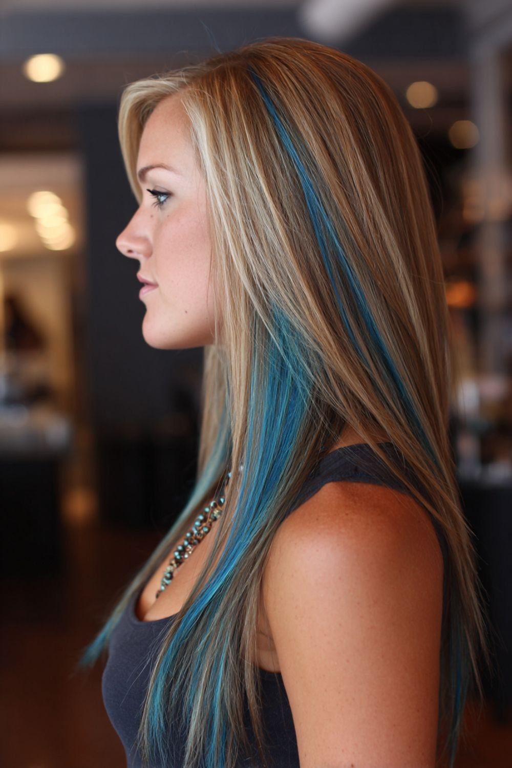 Woman with long blonde hair and vibrant blue highlights seen in profile.