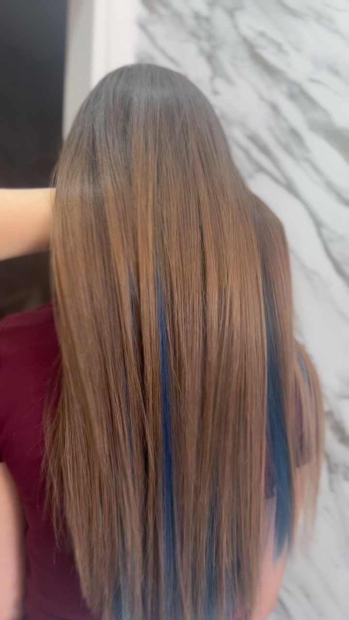 Long straight brown hair with thin vertical bright blue highlights from behind