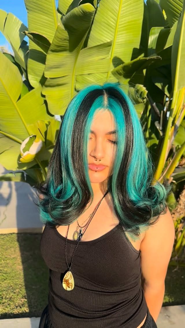 Woman with black hair and vibrant teal blue highlights framing her face.