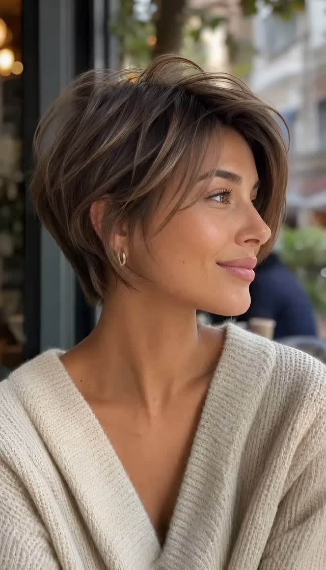 Woman with short brown bob and light brown face-framing highlights wearing cream sweater