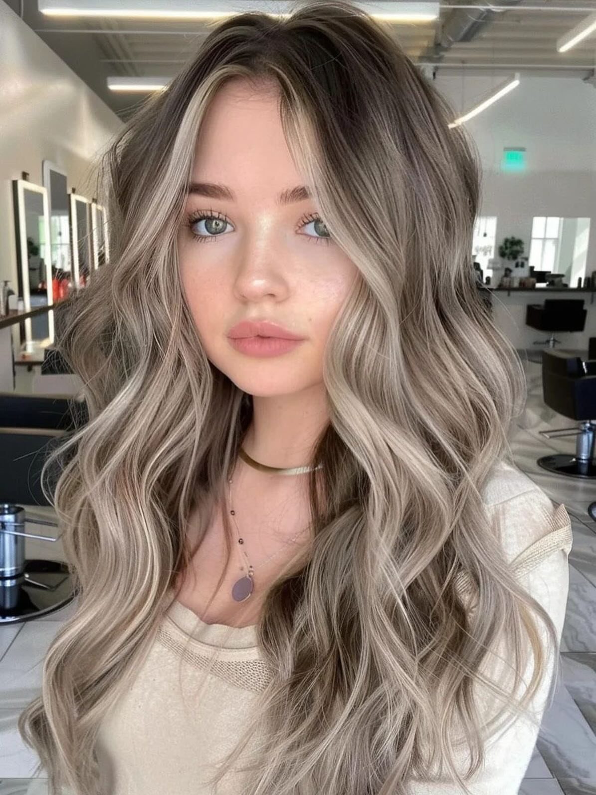 Woman with long wavy brown hair featuring ash and golden blonde highlights.