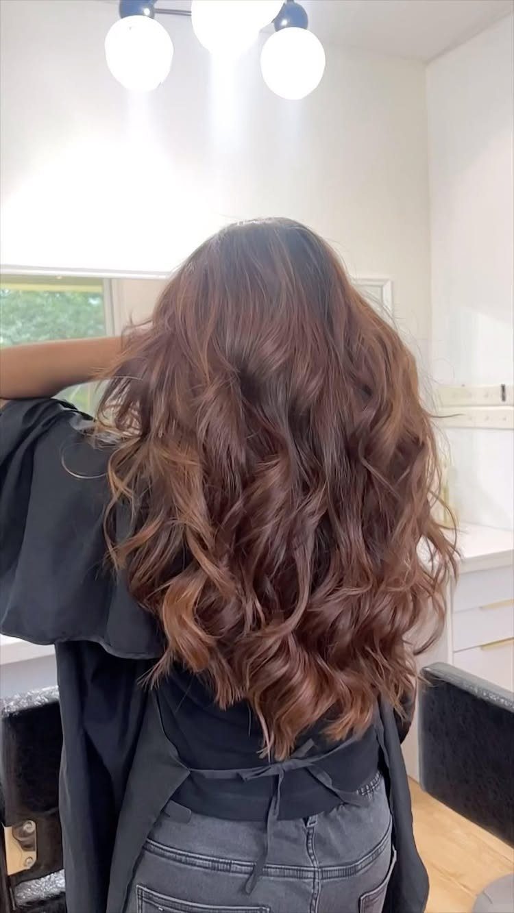 Long wavy brown hair with warm copper blonde highlights seen from behind.