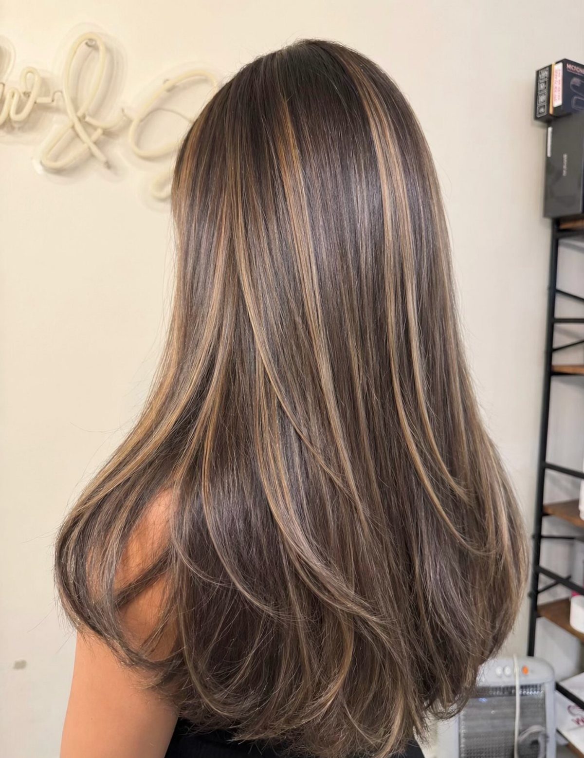 Long brown hair with golden blonde highlights styled in a smooth blowout.