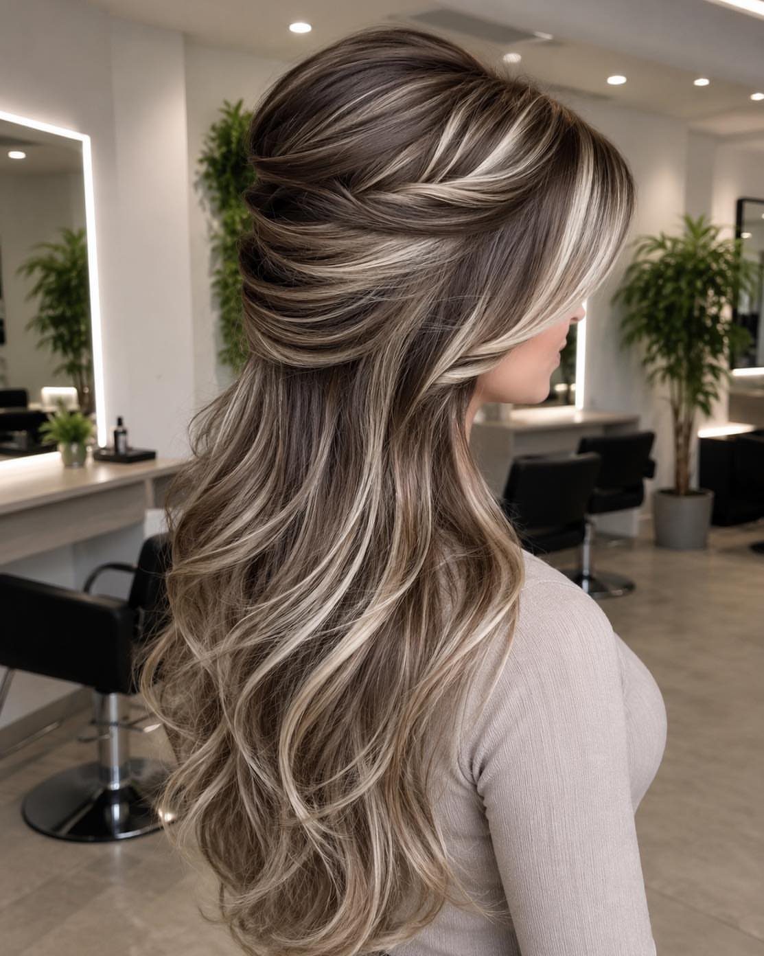 Woman with long brown hair featuring honey blonde ribbons and dark roots.