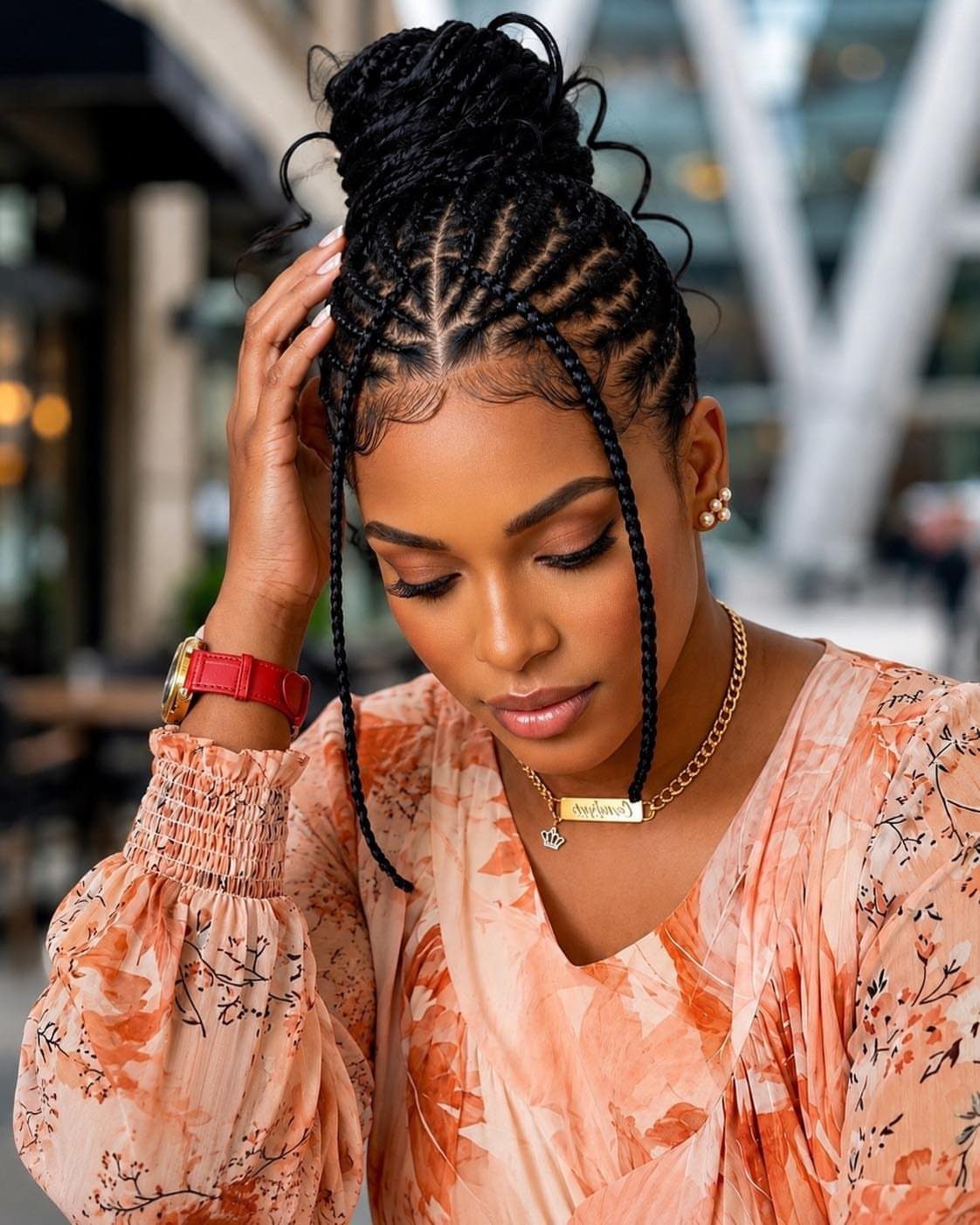 Woman with cornrows styled into a high top knot bun and floral blouse.