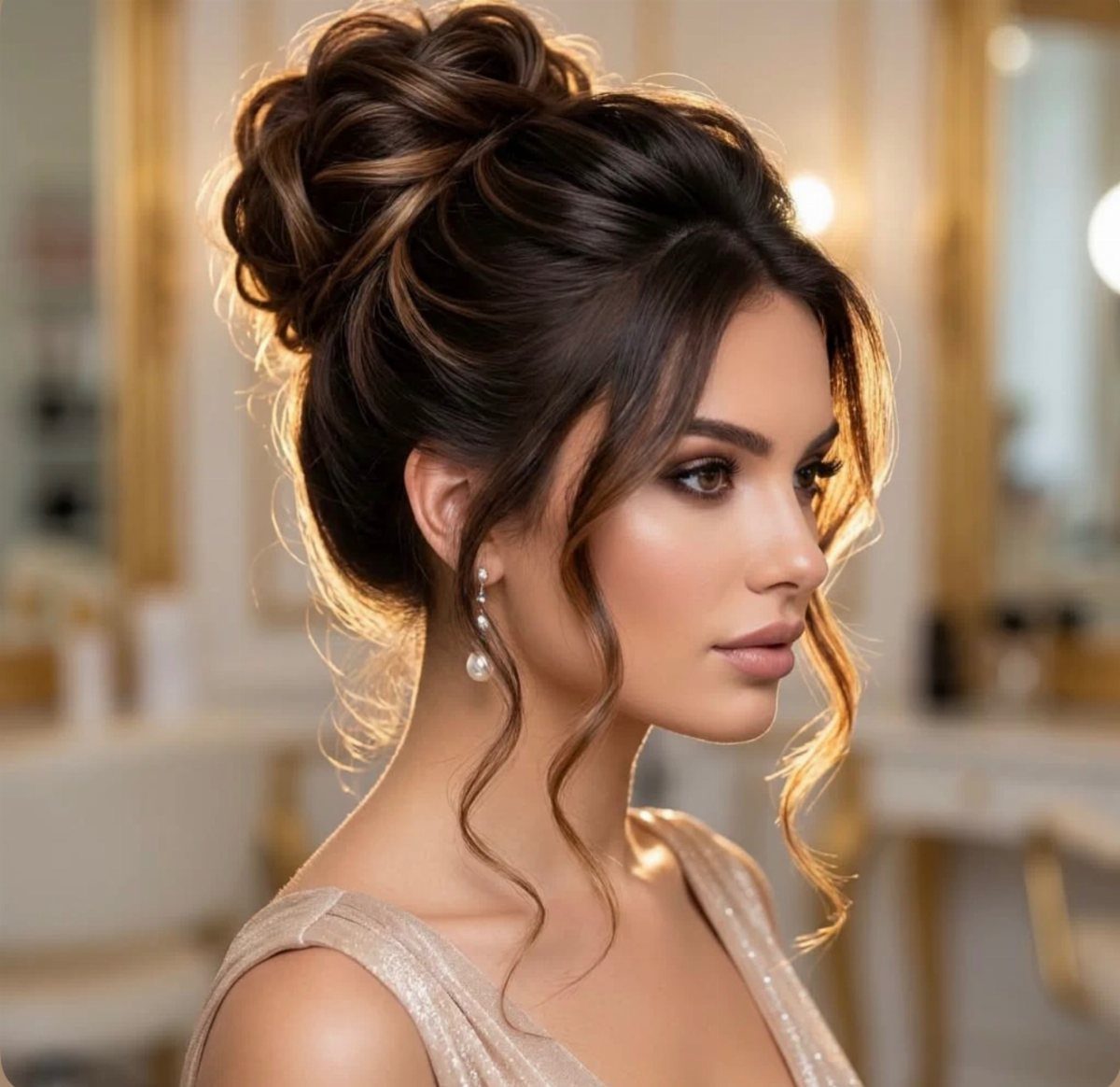 Woman with a voluminous curly updo and loose tendrils wearing a beige dress.
