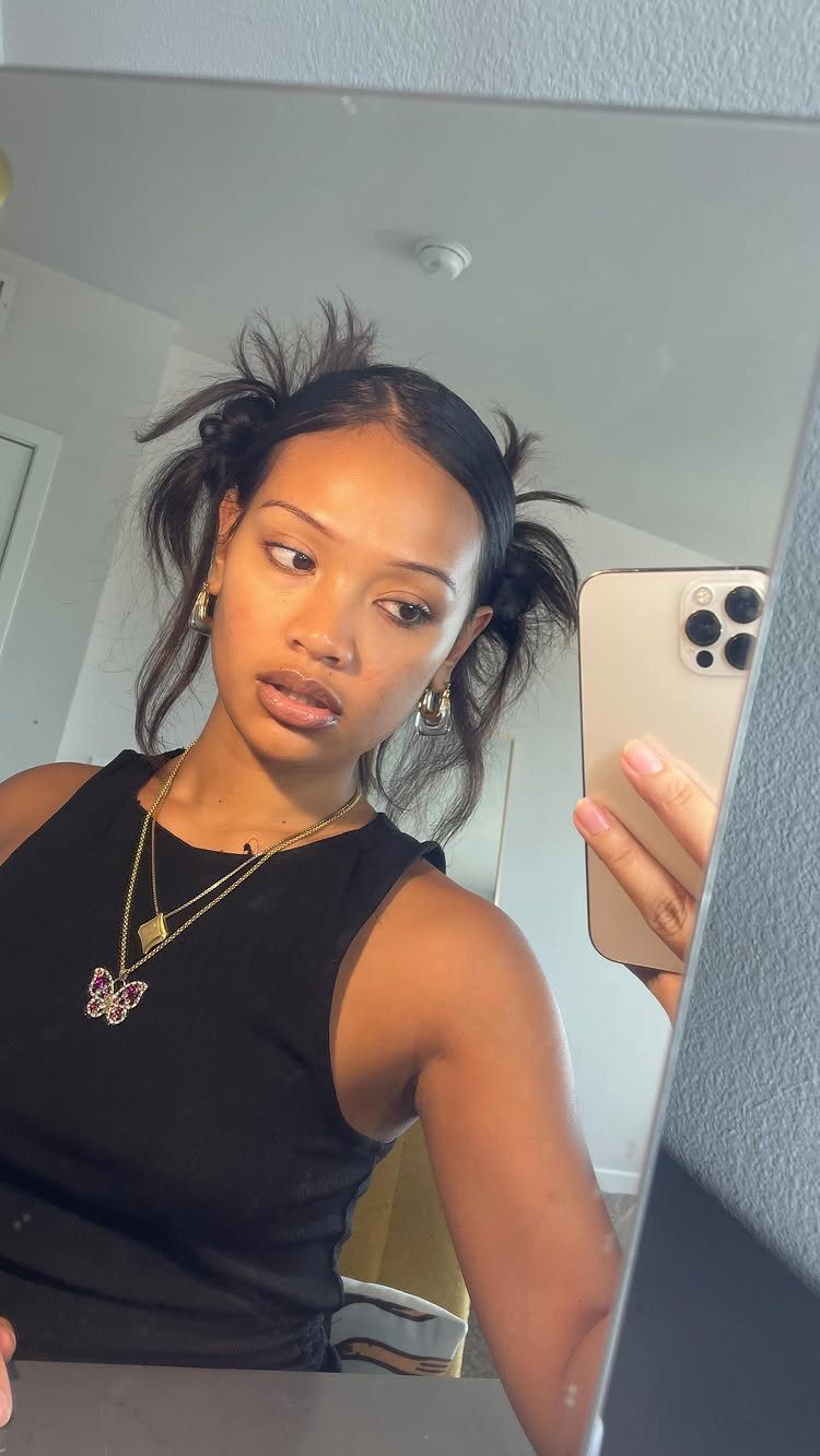 Woman with dark hair in high pigtails taking a mirror selfie in a room.