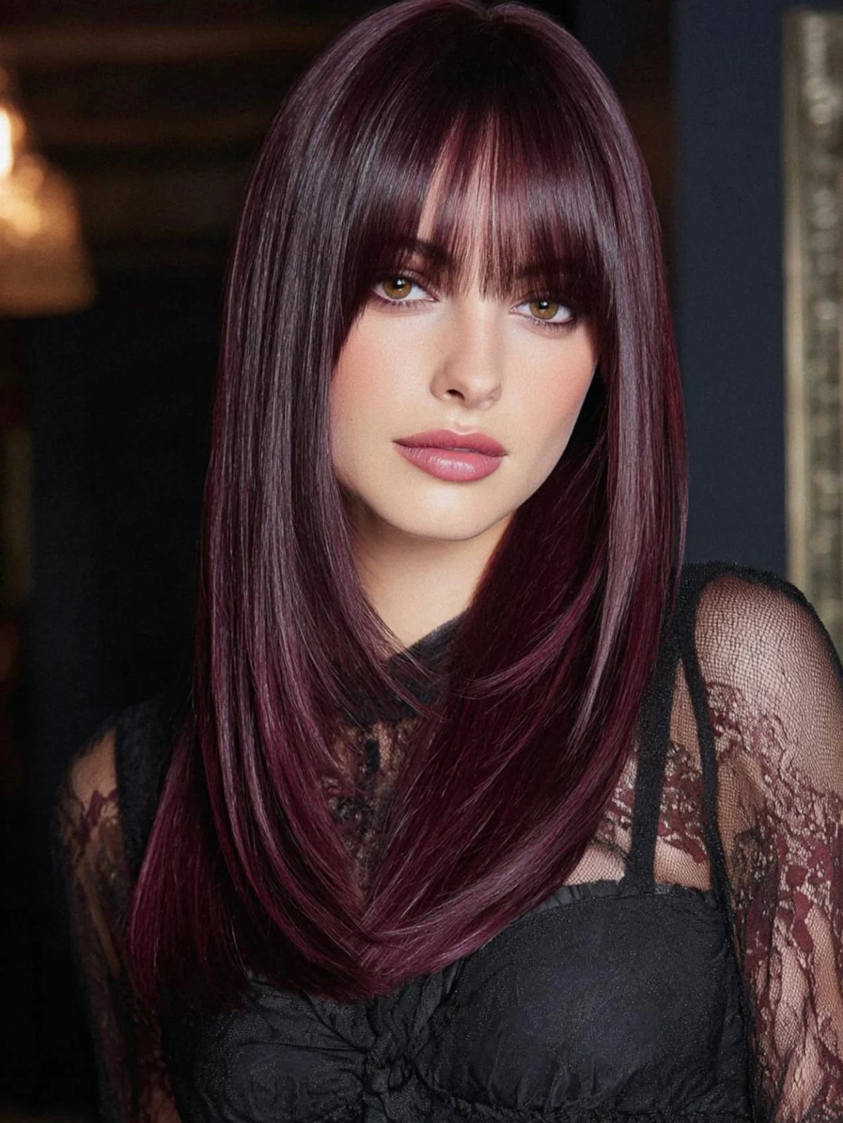 6 Dark Velvet Red Hair Ideas for Bobs, Bangs and Ombre 2 Woman with long deep red velvet hair and bangs wearing black lace