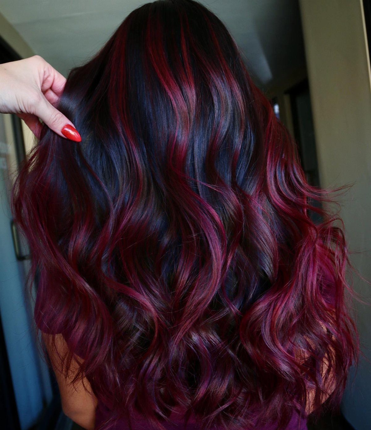 6 Dark Velvet Red Hair Ideas for Bobs, Bangs and Ombre 6 Long wavy hair dyed in dark velvet red and deep burgundy tones.