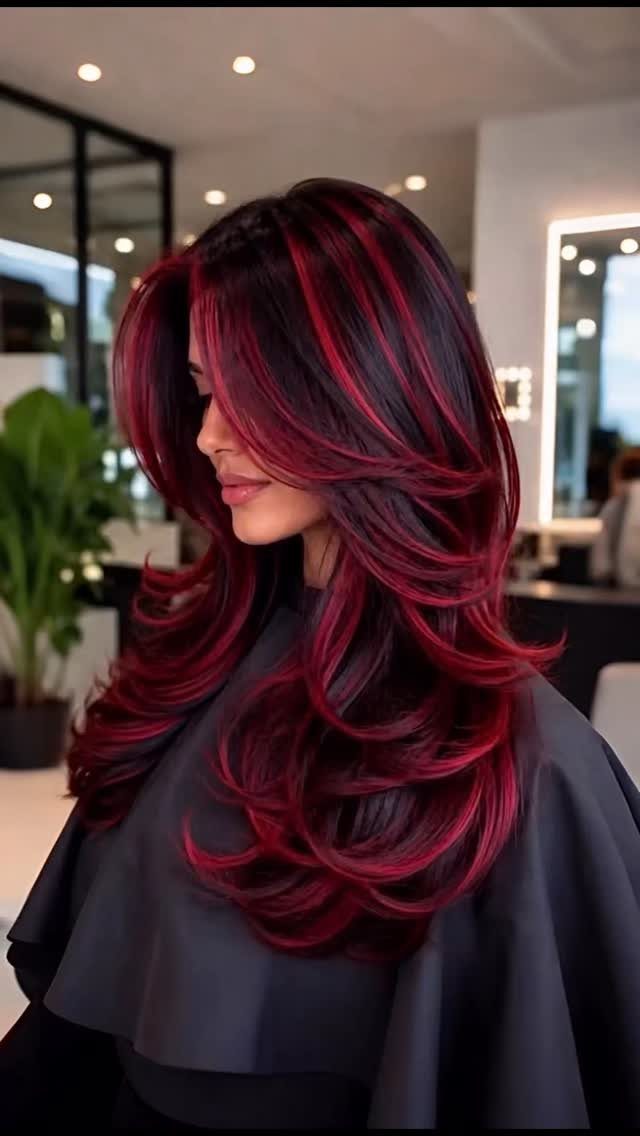 8 Deep Red Hair Dye Ideas for Every Cut and Texture 8 Woman with long layered hair dyed in deep red and black tones.