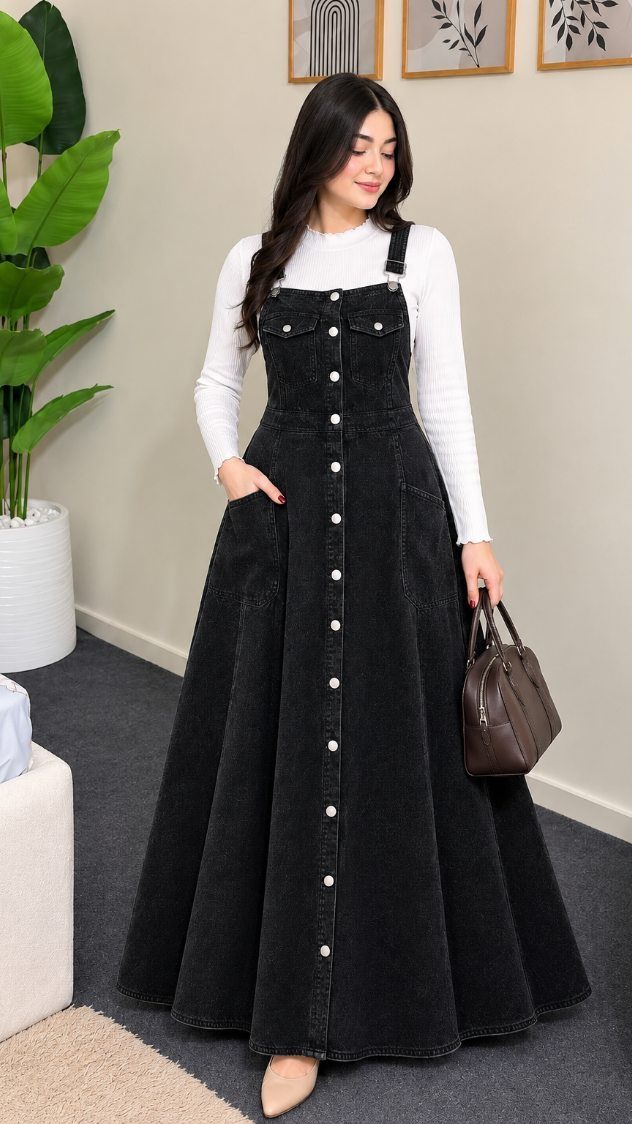 5 Ways to Wear a Dress with Long Sleeves Underneath 3 Woman wearing a white long-sleeve top under a black denim maxi dress