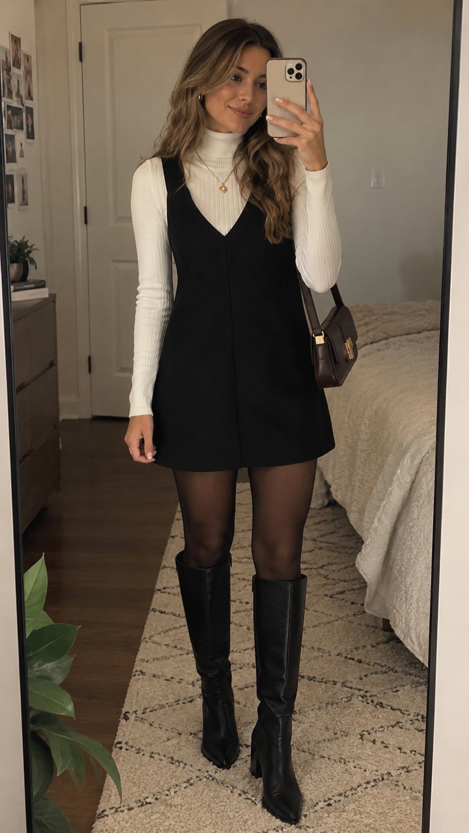 5 Ways to Wear a Dress with Long Sleeves Underneath 1 Woman wearing a white turtleneck under a short black dress with black boots.