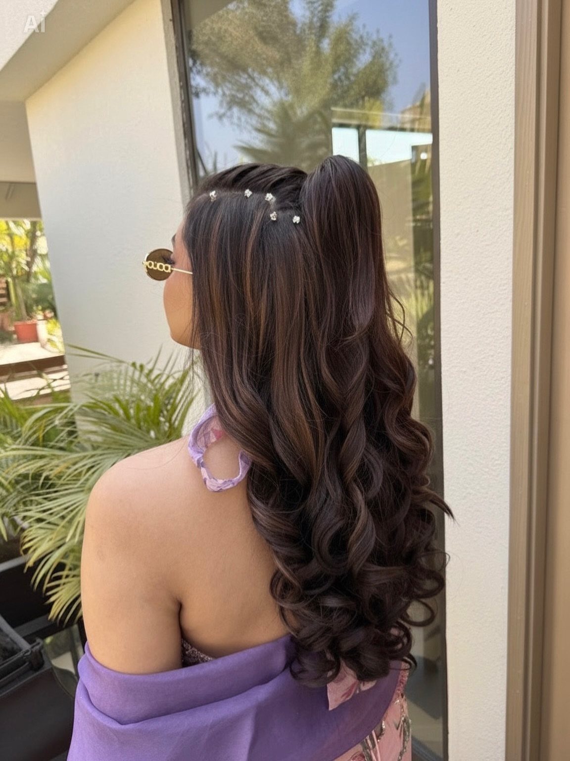 Woman with long curly brown hair styled in a high half ponytail.