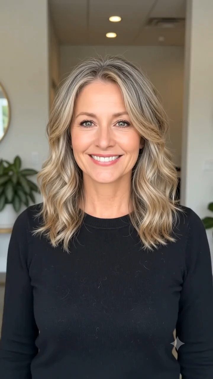 Woman with mid-length blonde and grey hair styled in loose, tousled waves.