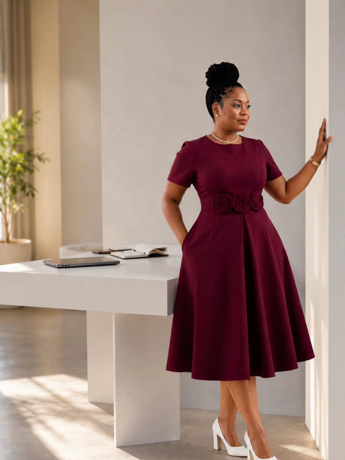 Woman in a burgundy A-line dress and white heels in a modern office.