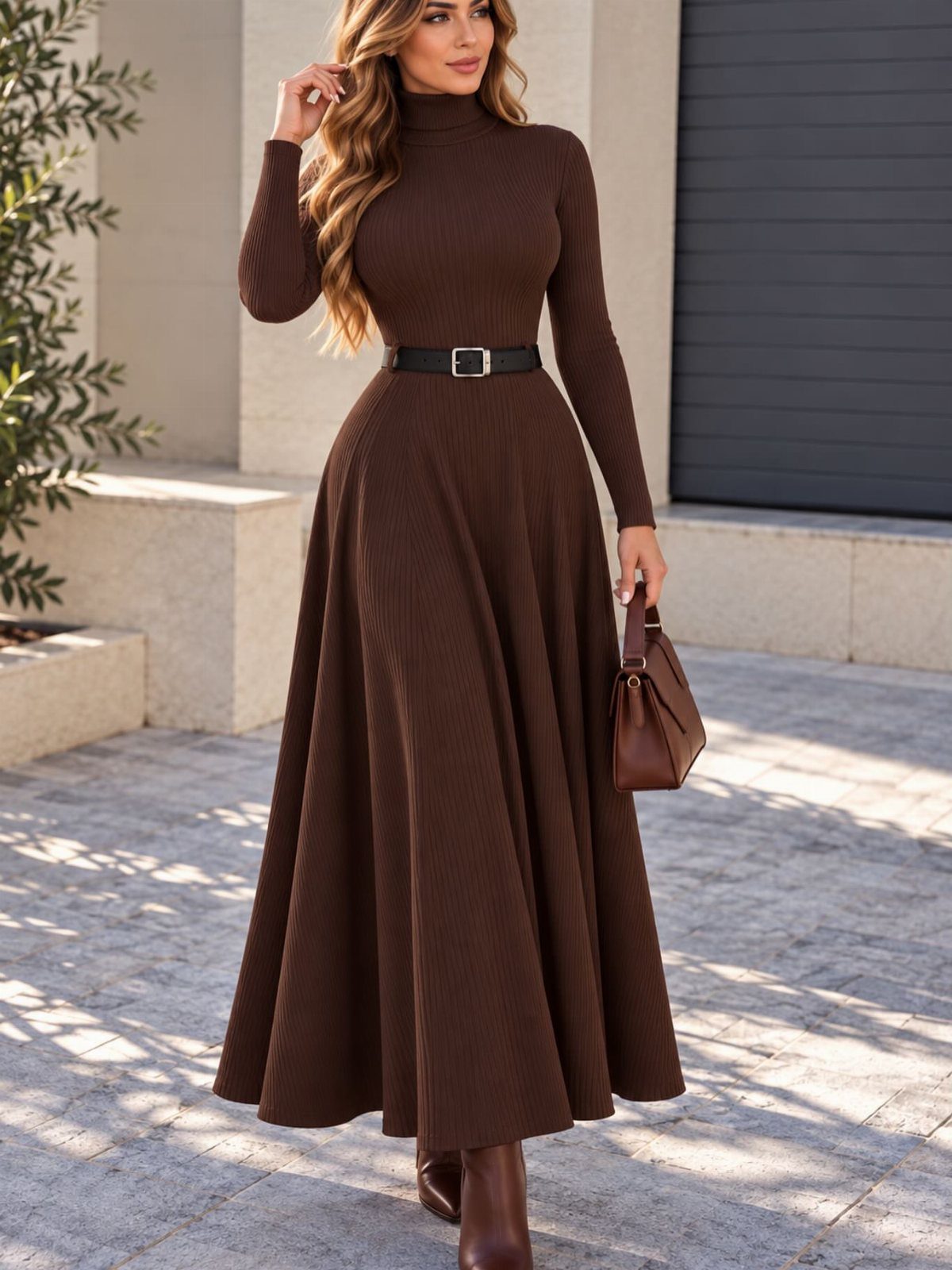 Woman in a brown ribbed knit maxi dress with a black belt and boots.