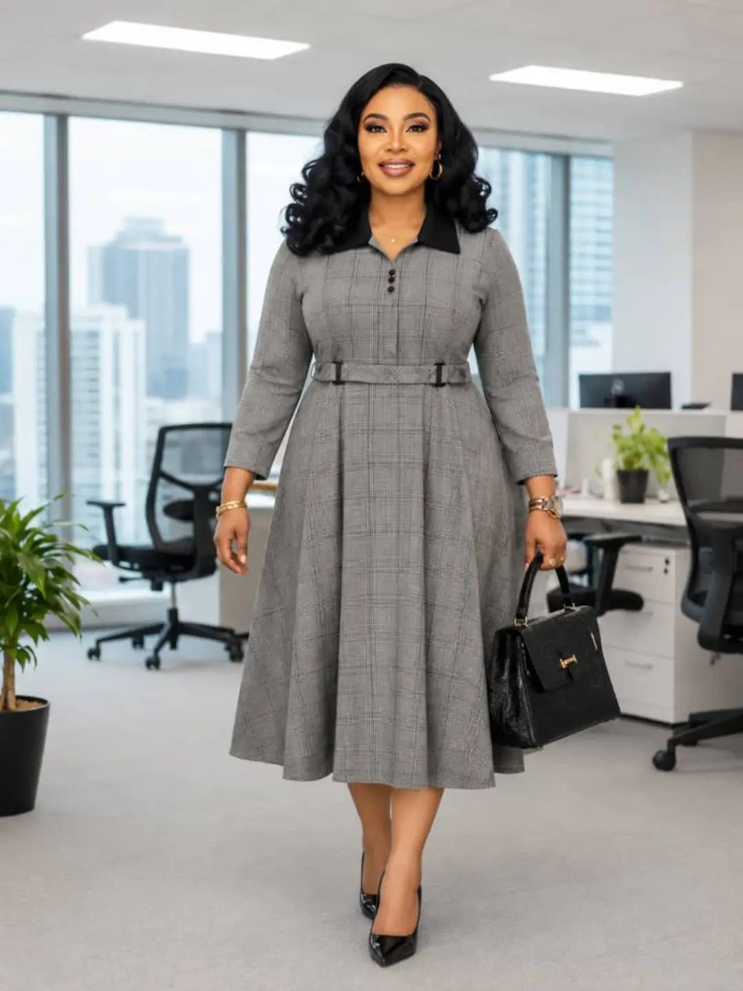 Woman in a grey plaid midi dress and black pumps in an office.