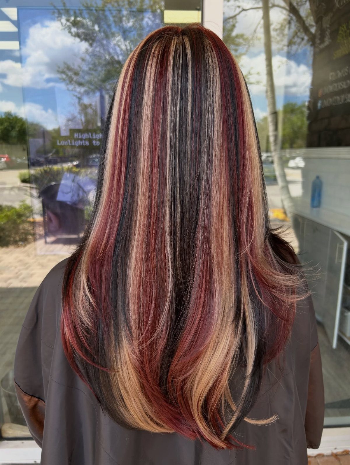 Long dark hair with bright burgundy and blonde highlights seen from behind.
