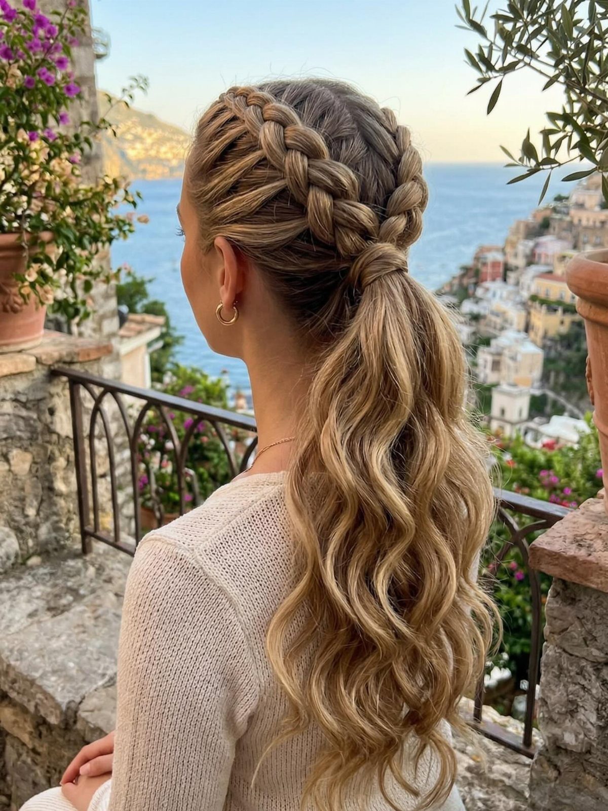 Blonde hair styled in a Dutch braid leading into a long curly ponytail.
