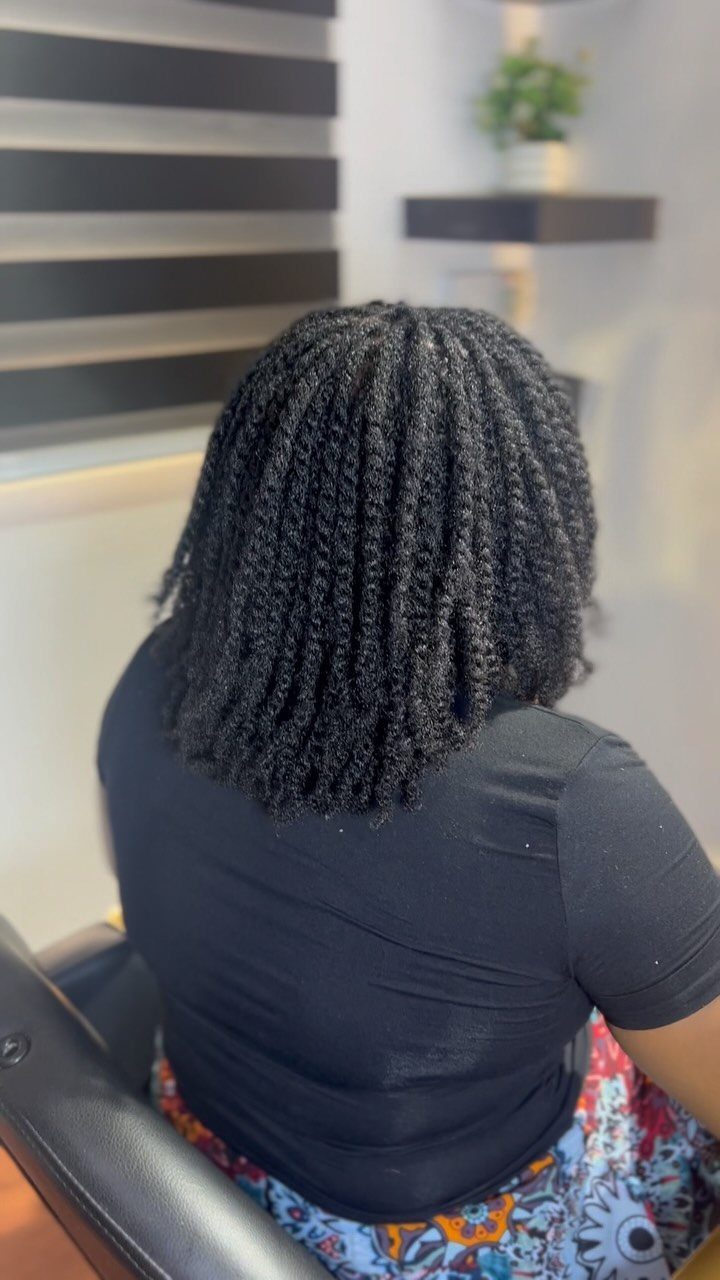 Back view of short natural hair styled in defined black twist-outs.