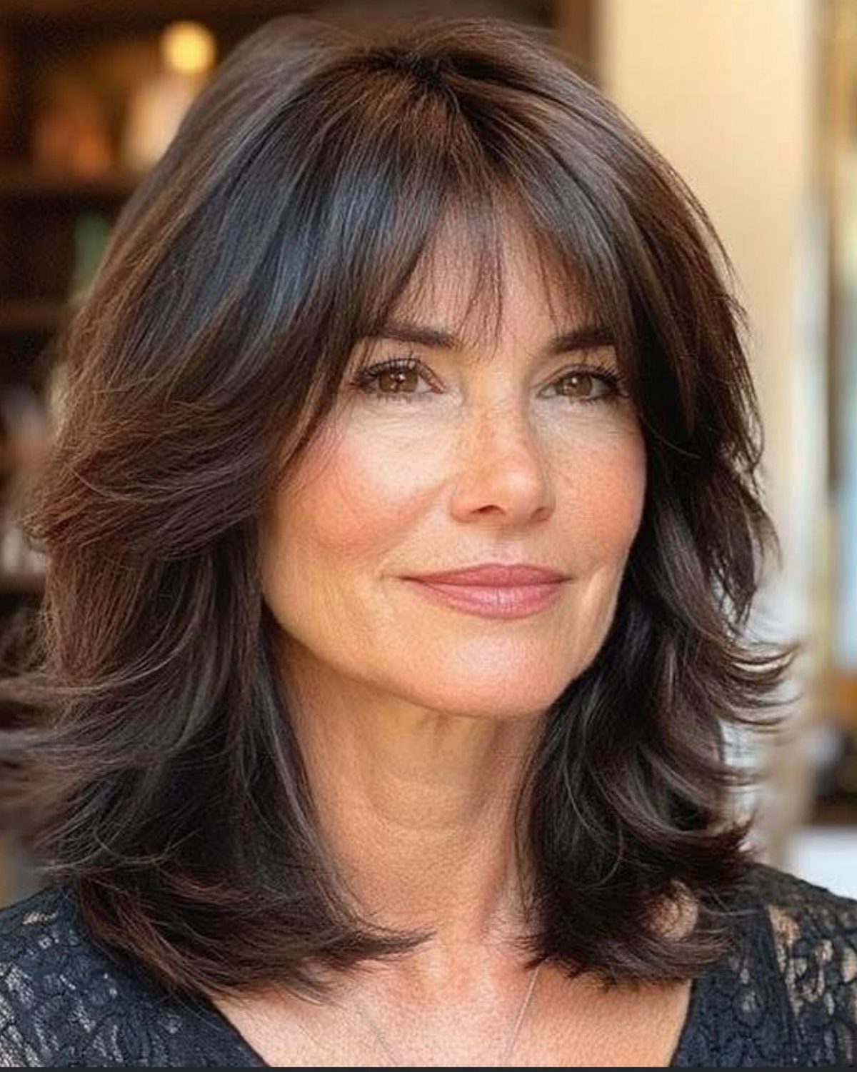 6 Hairstyles for Moms with Long Hair That Are Easy to Wear 4 Woman with voluminous dark brown layered hair and face-framing bangs smiling softly.