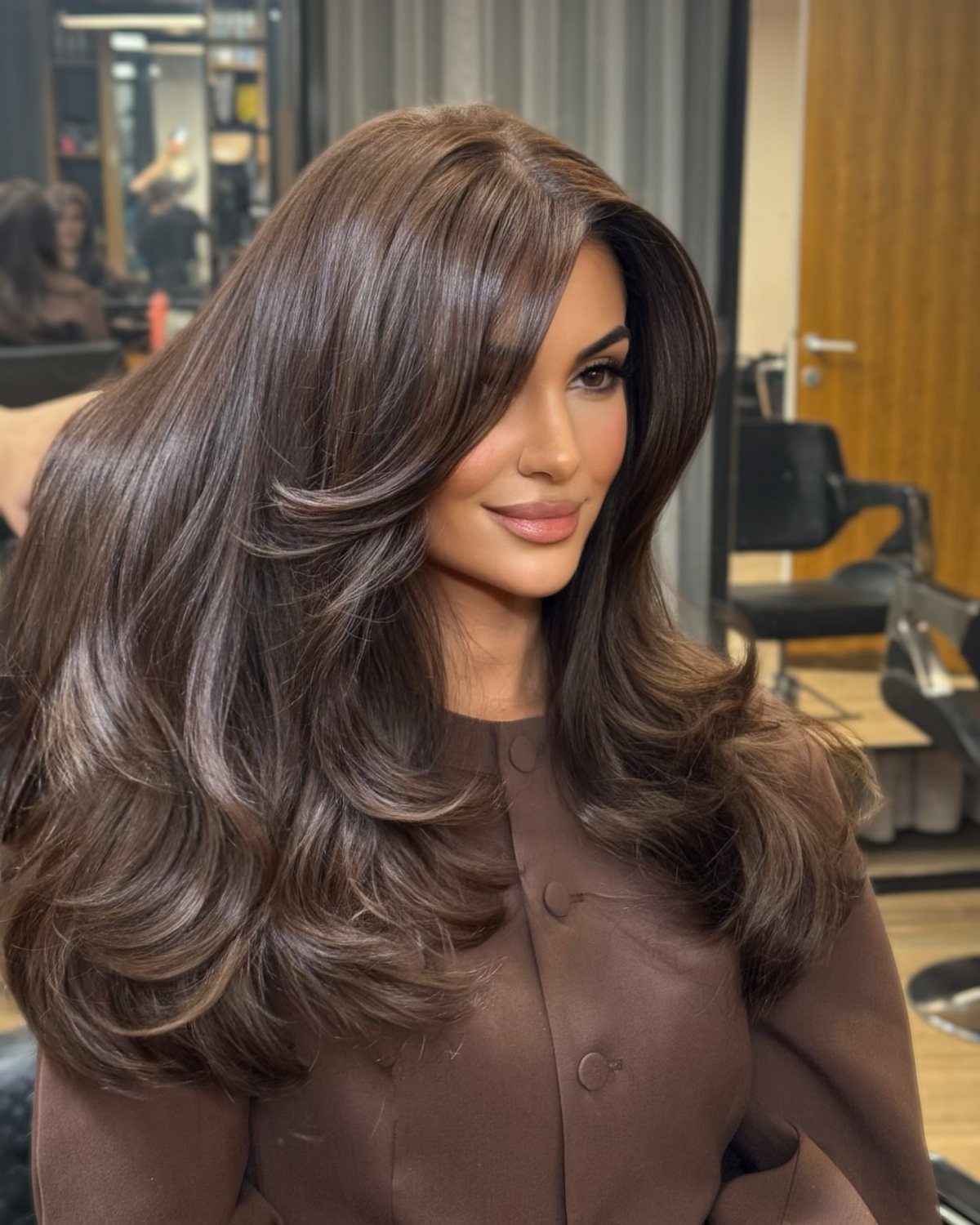 Woman with voluminous wavy hazelnut brown hair posing in a hair salon.