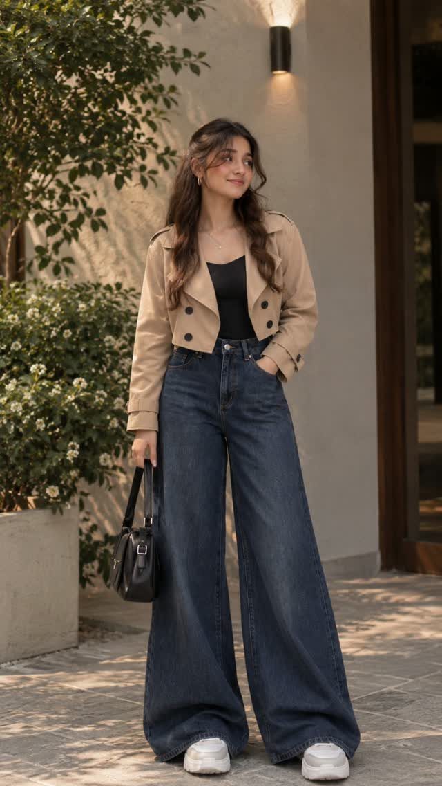 Woman wearing a cropped tan jacket and wide-leg dark blue jeans standing outdoors.