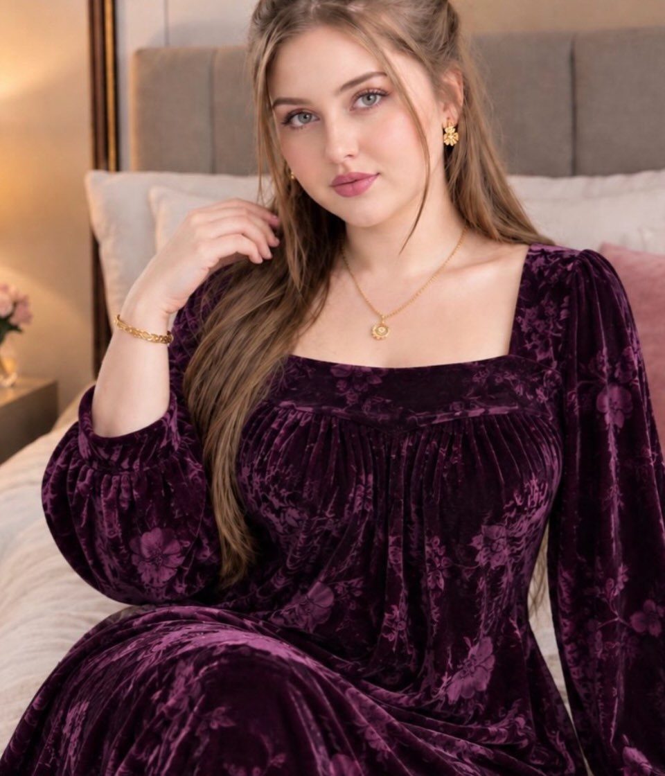 Woman wearing a plum velvet dress with a square neckline sitting on a bed