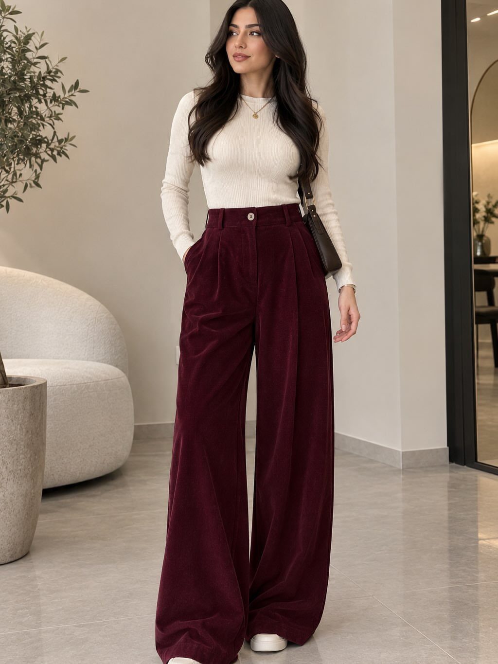 Woman wearing ruby red velvet wide-leg trousers and a cream ribbed long-sleeved top.
