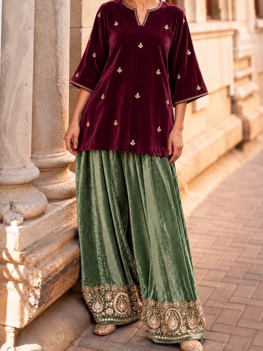 Woman wearing ruby red velvet tunic and emerald green wide-leg velvet trousers.