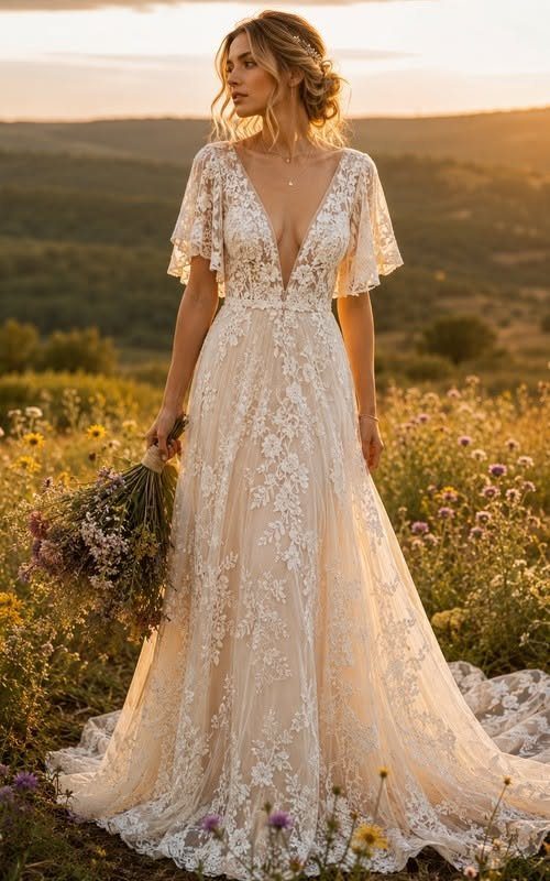 Woman in ivory floral lace A-line wedding dress with flutter sleeves in a field