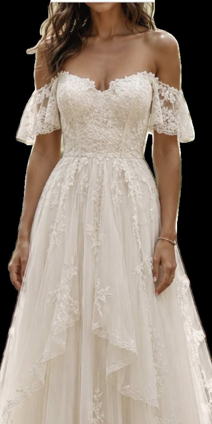 Ivory lace and tulle wedding dress with off-the-shoulder sleeves and V-neckline