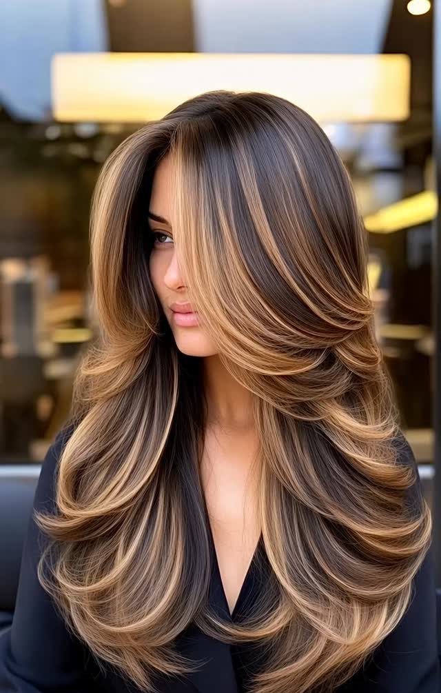 Woman with long brown and blonde hair styled in a voluminous butterfly cut.